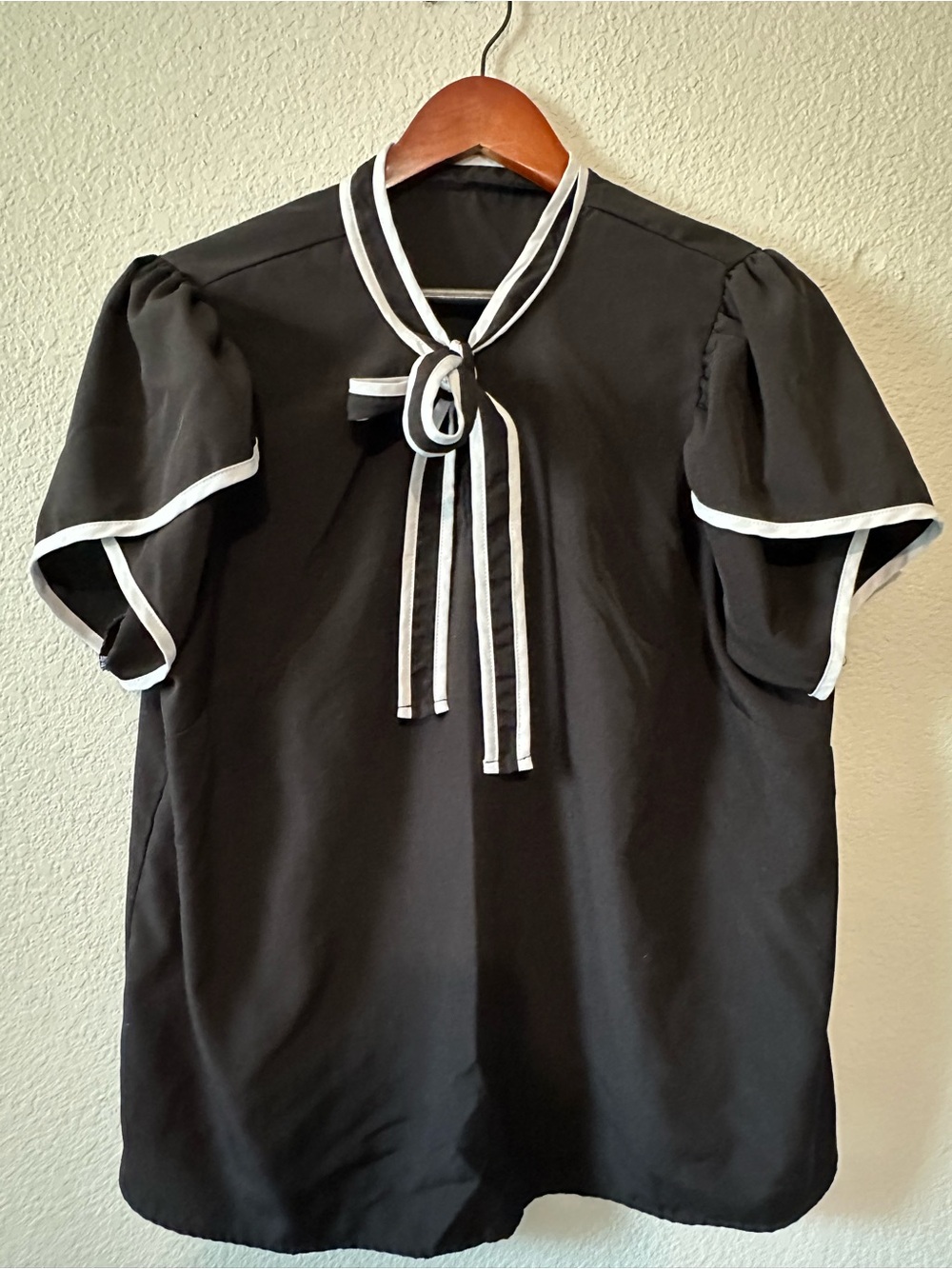 SHEIN Black Short Sleeve Blouse with White Trim and Neck Tie